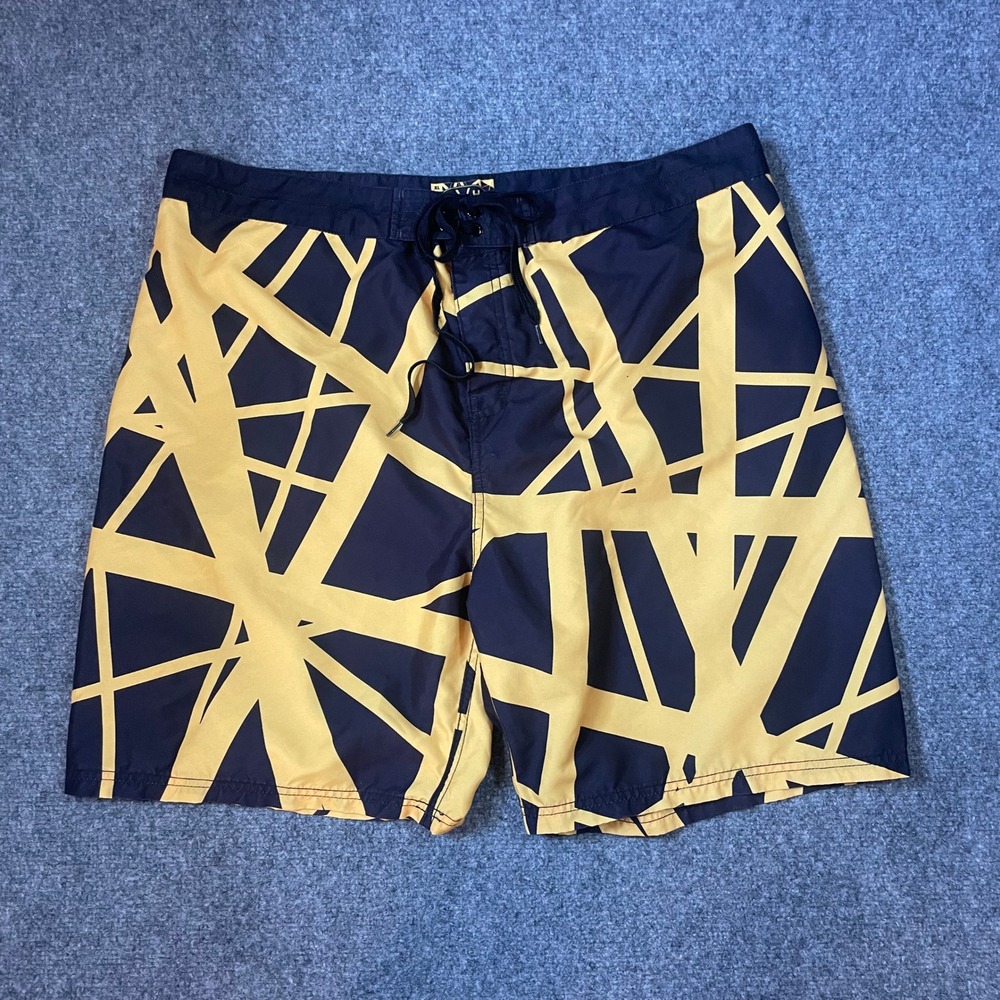 EVH Board Shorts XL Black Yellow Striped Graphic Swim Trunks Eddie Van Halen